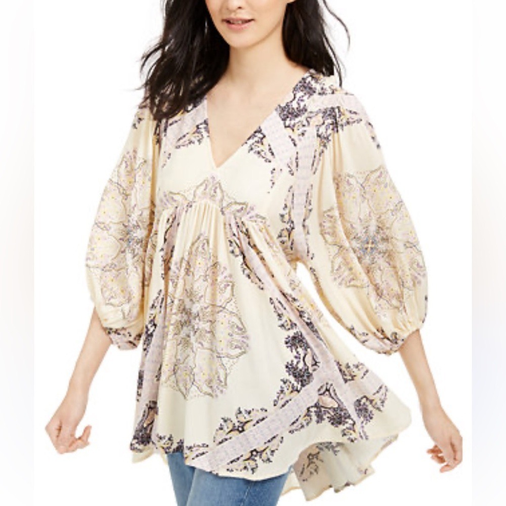 Free People Size Medium Girl Talk Puff Sleeve Women's Cream and Purple Boho Top